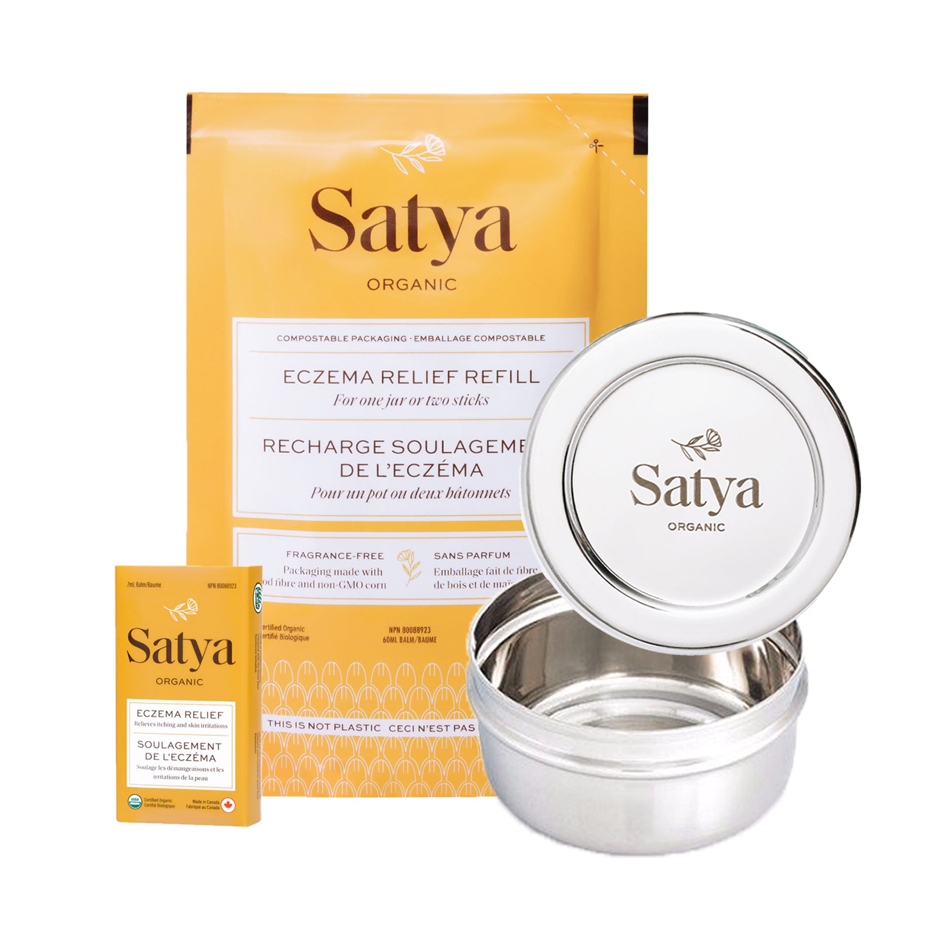 Receive an Eczema Relief Refill Pouch, and Eczema Relief Travel Tin and a Satya Steel with your subscription
