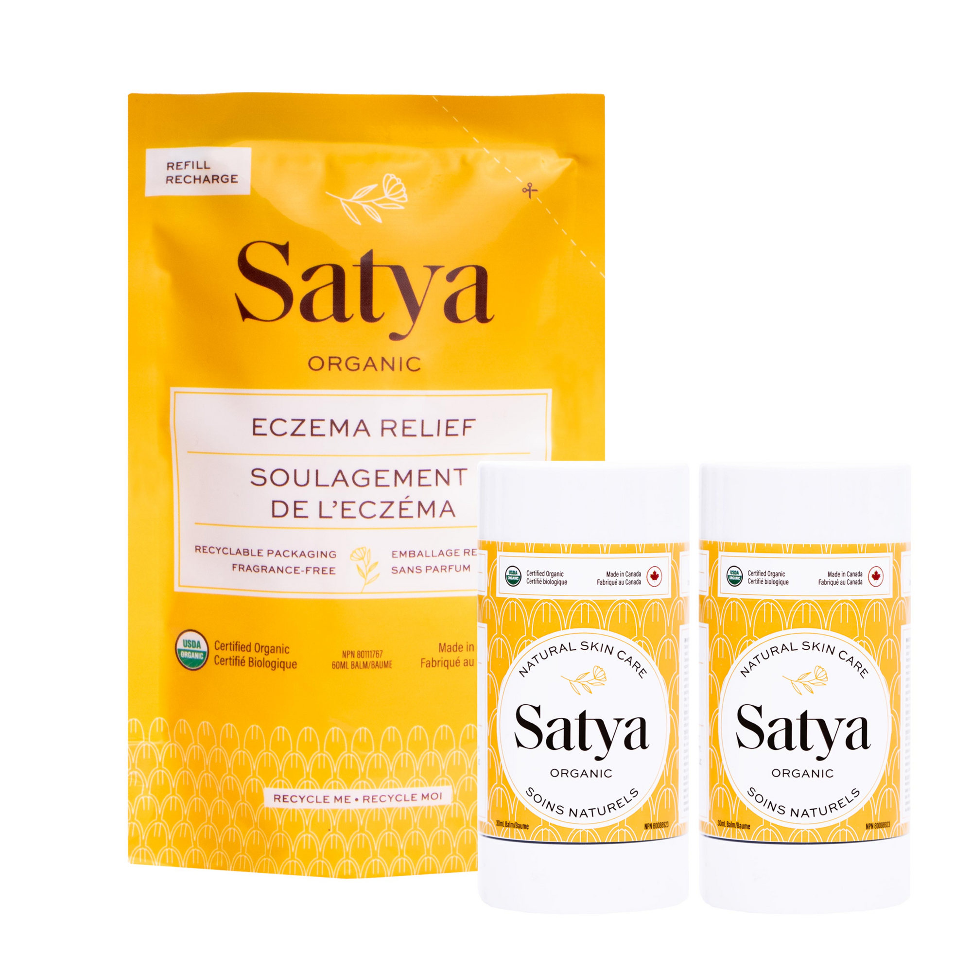 Satya Refill Pouch and two Satya Eczema Relief Sticks